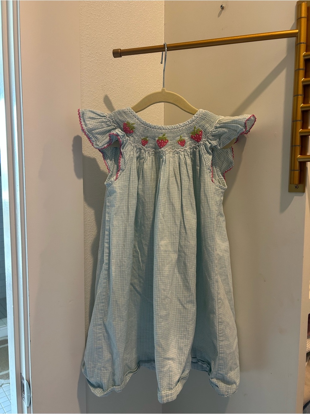 Petit Bebe Smocked Bishop Dress - Light Blue & White Gingham with Strawberries